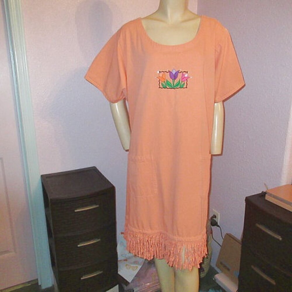 Vtg Floral Embroidered Dress Size 3X Pockets Fringe Cotton Hippie Boho 70s 80s